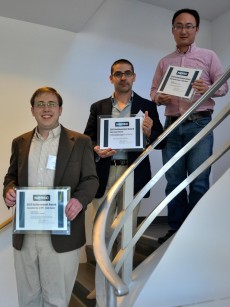 Third annual NERSC HPC Achievement Award winners: (left to right) Taylor Barnes, Caltech; Carlo Benedetti, Berkeley Lab BELLA program; and Ken Chen, UC Santa Cruz. Not pictured: Craig Tull. Image: Margie Wylie