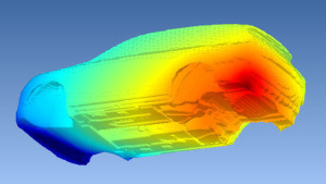 Pressure distribution around a car body due to a sound source at the exhaust orifice is pictured. Image courtesy of Volvo.