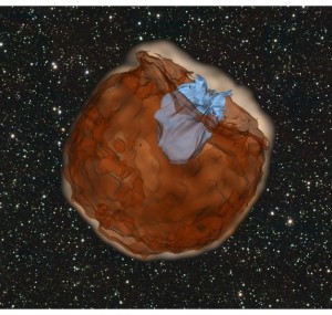 Simulation of the expanding debris from a supernova explosion (shown in red) running over and shredding a nearby star (shown in blue).