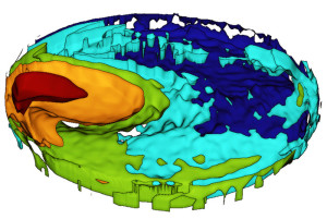 A three-dimensional spatial structure of mixing in an idealized ocean simulation, computed using Lagrangian particle statistics.