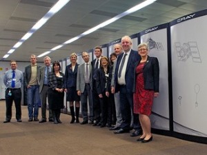 ECMWF and Cray representatives in September 2014, celebrating the successful migration of the Centre's operational suites to its current Cray high-performance computing facility.