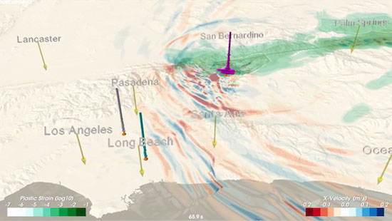 An image from an animation of wave propagation during a magnitude-7.8 earthquake rupturing the San Andreas Fault from northeast to southwest. Red-blue colors reflect the intensity of shaking; green colors indicate areas of permanent ground deformation.  Simulation by Daniel Roten, Kim Olsen, and Steven Day at the Department of Geological Sciences at San Diego State University, and Yifeng Cui at the San Diego Supercomputer Center. Visualization by Daniel Roten (SDSU). Simulation on UIUC Blue Waters.