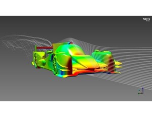 ORECA 05 in the high downforce configuration. ANSYS CFD simulation software displaying the pressure field on the body surface and virtual wind streamlines.