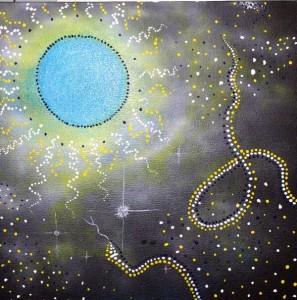 Artist Jesse Pickett's painting on the Magnus supercomputer. "“The Rainbow Serpent and the Moon are connected together due to the Wagu (Rainbow Serpent) creating water and the moon moving it to create life."