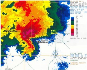 Radar imagery from 6:56pm shows a close-up of the Mayfest supercell centered west of Benbrook, Texas. The pink and darkest red colors represent radar indications of large hail with this storm. Credit: National Weather Service