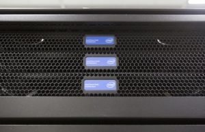 Three Intel Omni-Path switches in a Bridges rack.