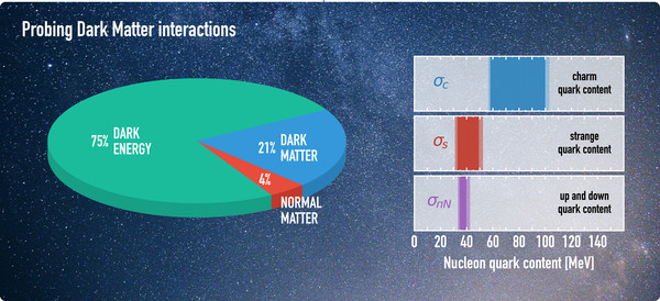 The visible matter that we know seems to form only about four percent of the total matter. Astronomical observations and Einstein’s theory of general relativity call for the existence of the unknown ‘Dark Matter’ and ‘Dark Energy’ that make the rest of about 95%. The question is if it is possible to compute the quantities that can help to search for dark matter. The quark content of the proton (σc, σs, σπN) is such a quantity and using computational resources on Piz Daint Constantia Alexandrou and her team were able to provide the best to date computation of all four quark flavour contents as shown on the right hand in this figure and in the figure below. (Image: Constantia Alexandrou)