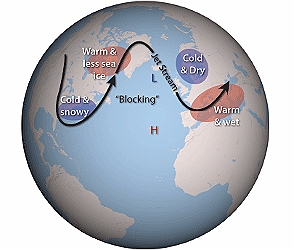 NAO negative phase. Diagram: Gardiner & Herring, NOAA