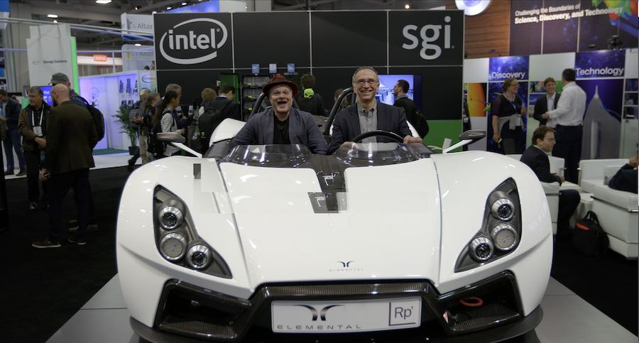 Gabriel Broner and Rich Brueckner behind the wheel of a carbon-fiber Elemental car designed using SGI technologies.